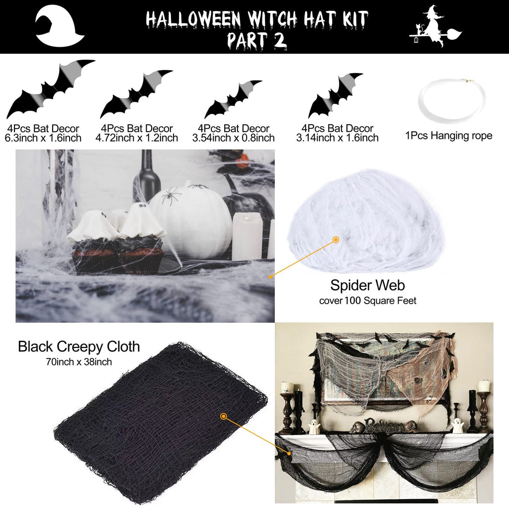 Halloween witch hat kit components including bat decor, hanging rope, spider web, and creepy cloth, with lifestyle images of decorated cupcakes and a mantelpiece.