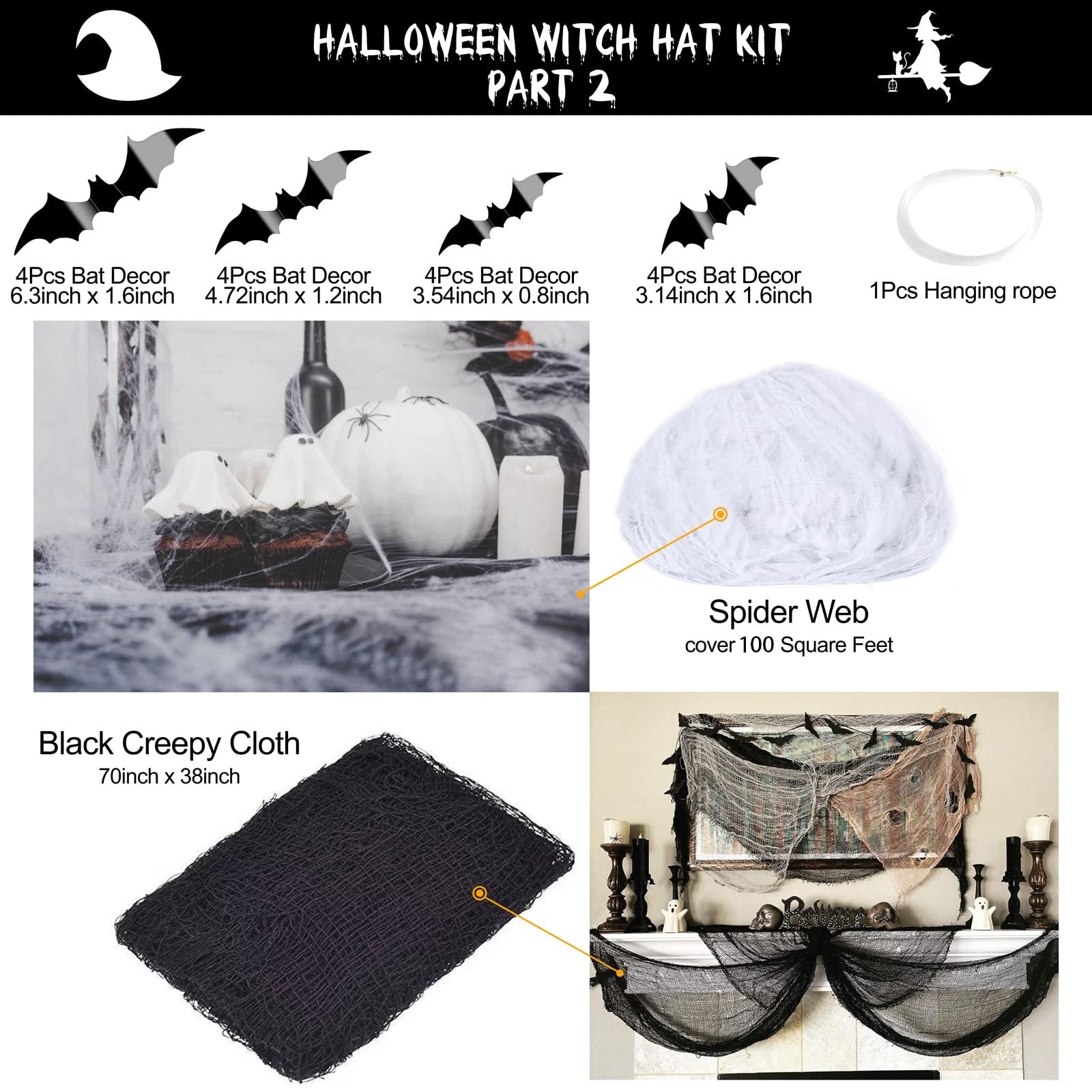 Halloween witch hat kit components including bat decor, hanging rope, spider web, and creepy cloth, with lifestyle images of decorated cupcakes and a mantelpiece.
