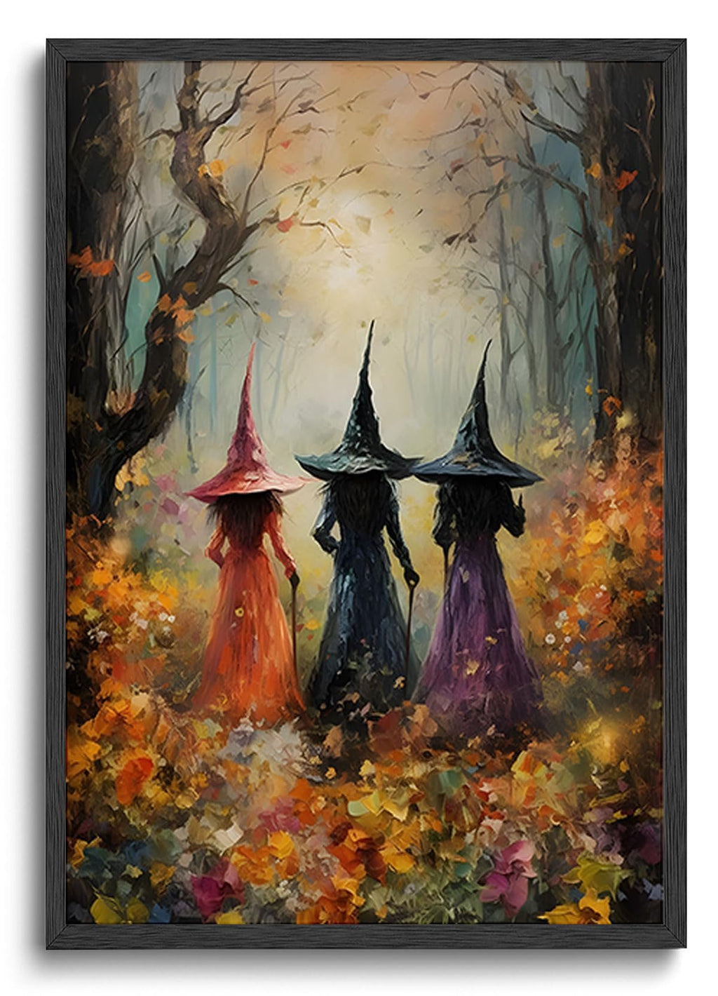 Three witches in colorful gowns and pointed hats walk through an autumn forest with fallen leaves.
