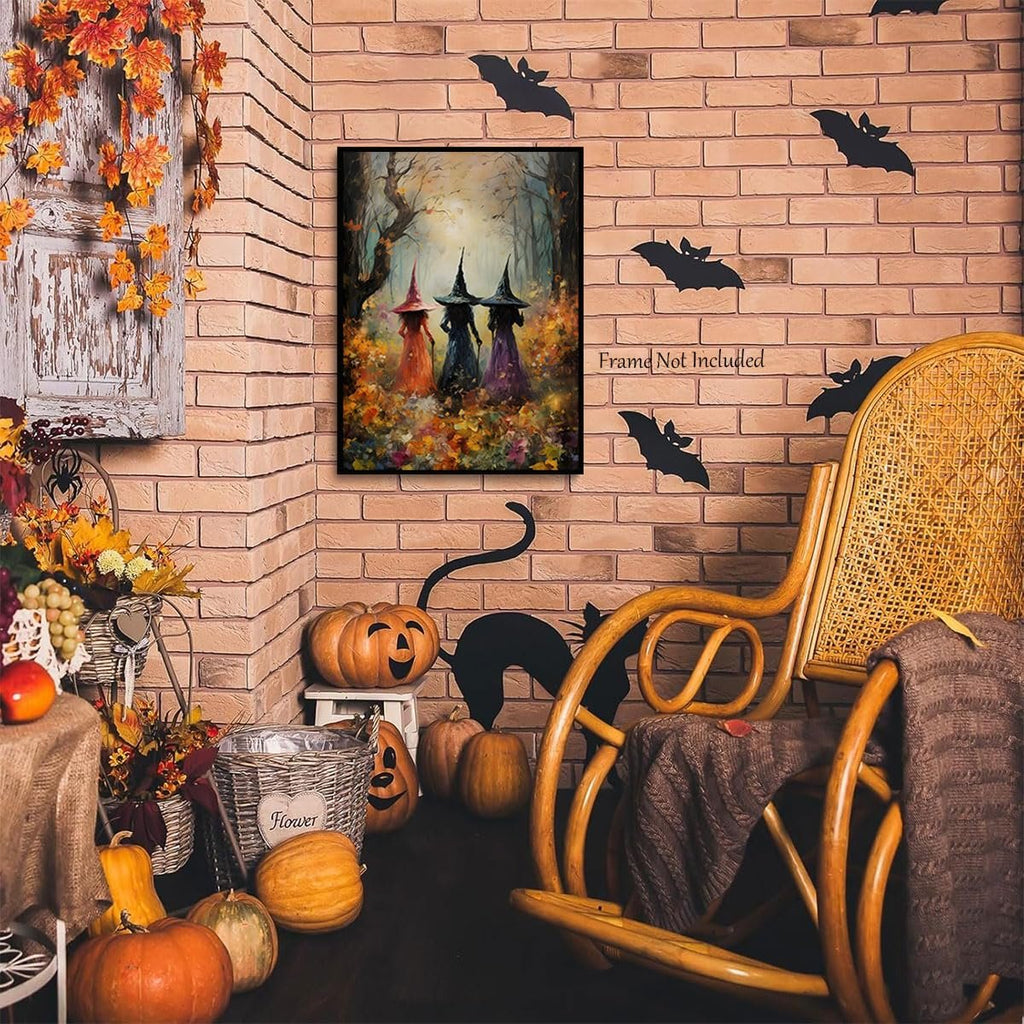 Halloween wall art print of three witches in a forest setting, displayed in a room with pumpkins and a rocking chair.