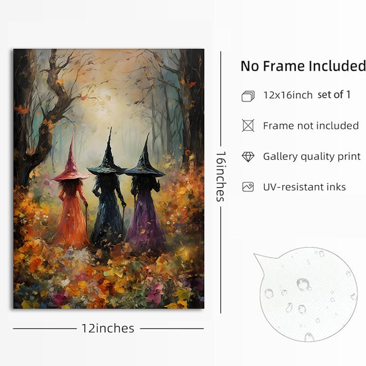 Three witches in colorful dresses and pointed hats walk through an autumn forest with fallen leaves.