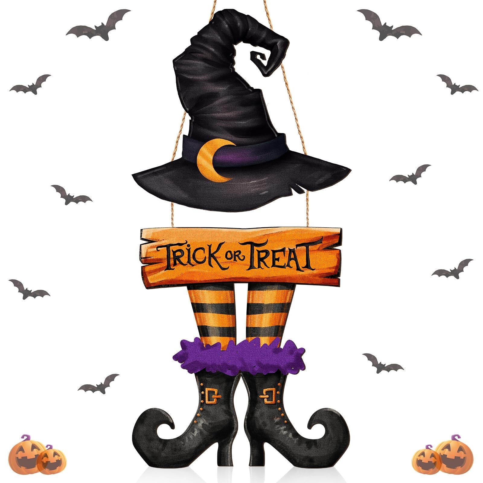 Halloween witch legs door sign with a witch hat and 'Trick or Treat' wooden sign, surrounded by bats and pumpkins.