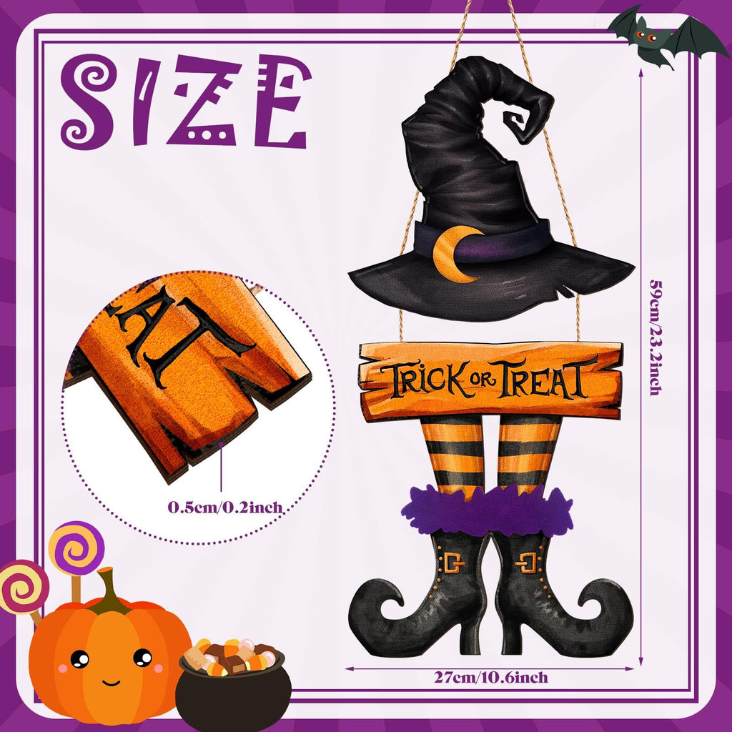 Halloween wooden door sign with witch hat, trick or treat text, and witch legs. Includes size and measurement callouts.