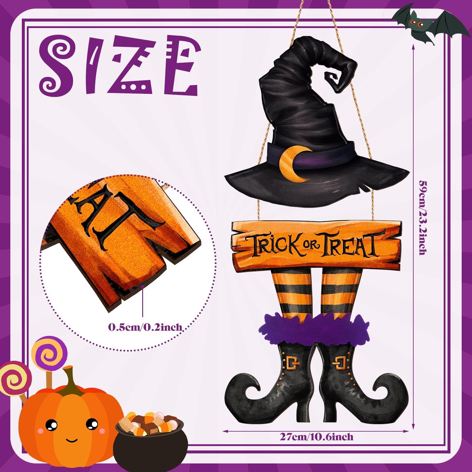 Halloween wooden door sign with witch hat, trick or treat text, and witch legs. Includes size and measurement callouts.