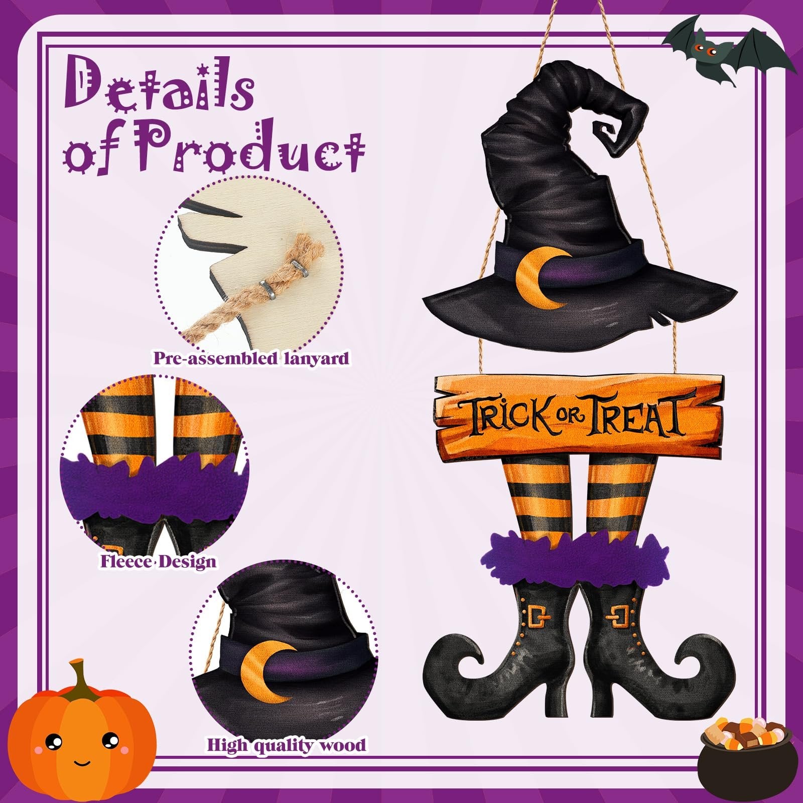 Halloween witch legs door sign with 'Trick or Treat' text, featuring a witch hat and pumpkin.