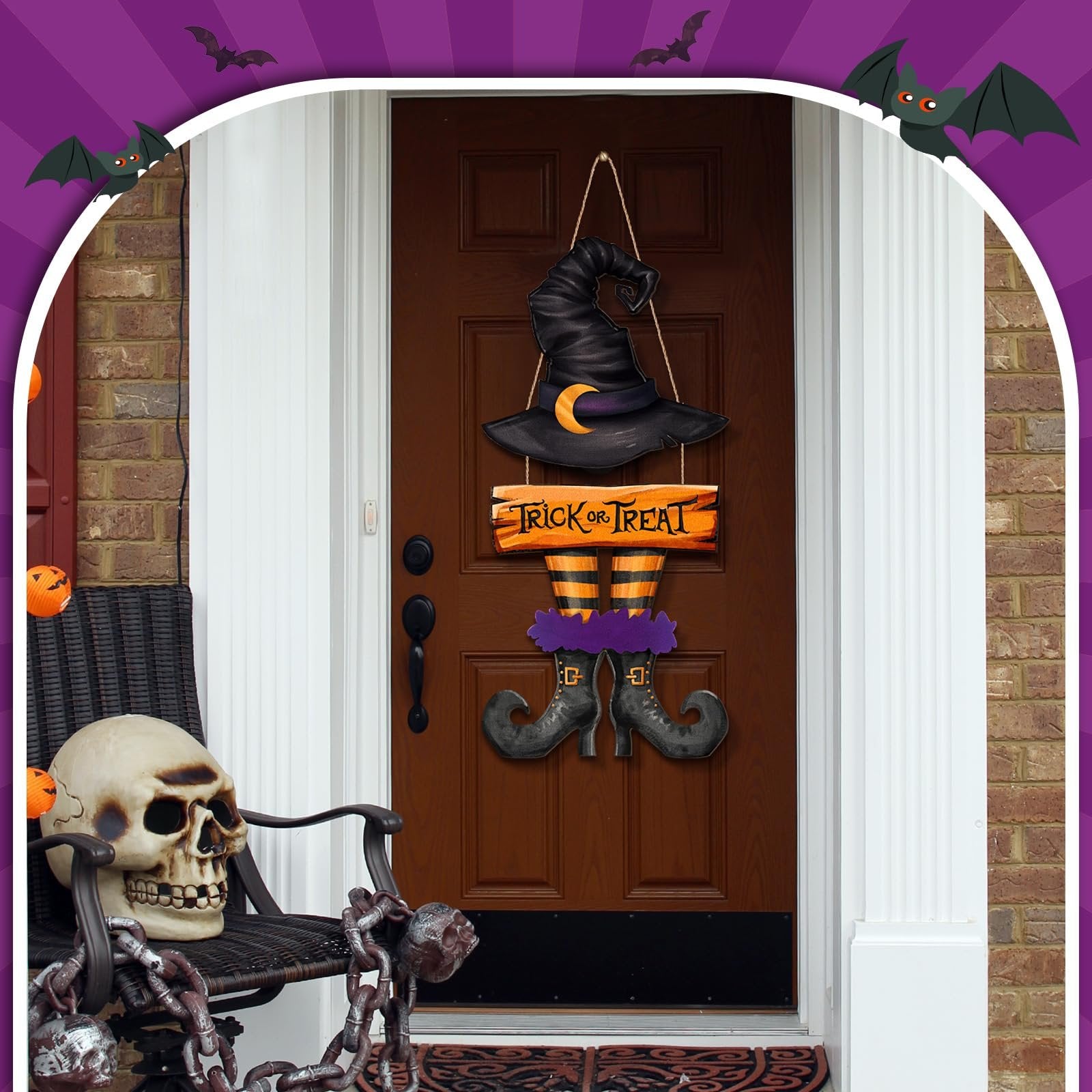 Halloween witch legs door sign with hat and 'Trick or Treat' text hanging on a brown door.