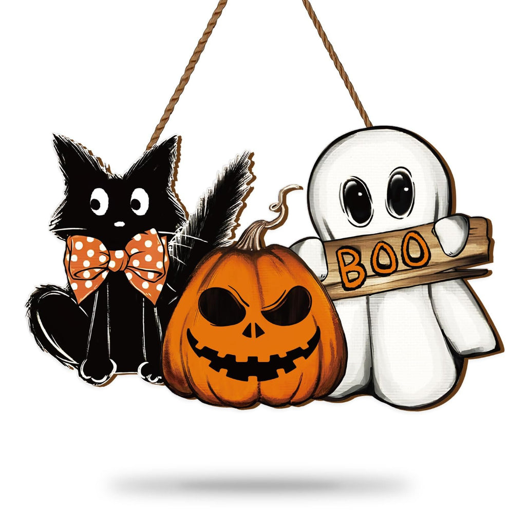 Halloween wooden hanging door sign with a black cat, pumpkin, and ghost. The ghost holds a sign that says BOO.