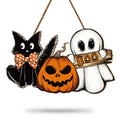 Halloween wooden hanging door sign with a black cat, pumpkin, and ghost. The ghost holds a sign that says BOO.