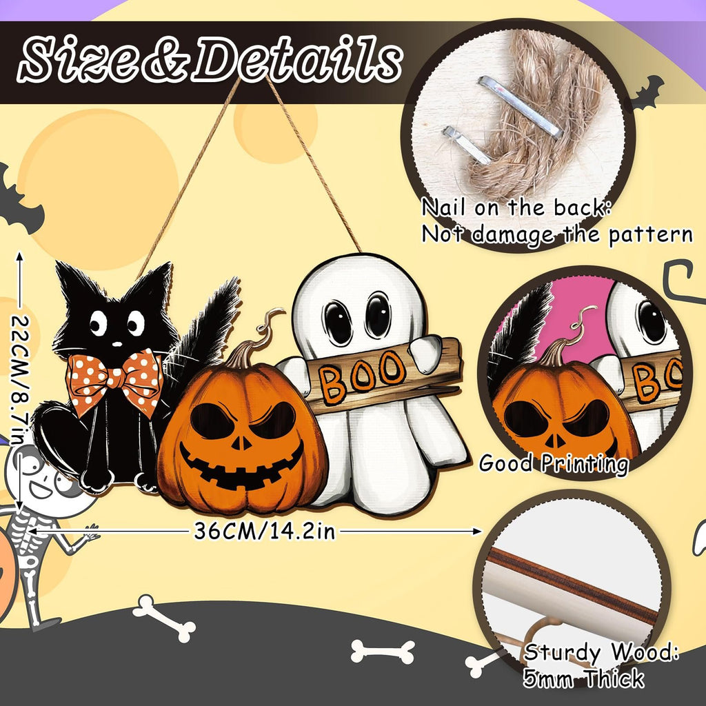 Halloween hanging door sign with black cat, pumpkin, and ghost figures, showing dimensions and details.
