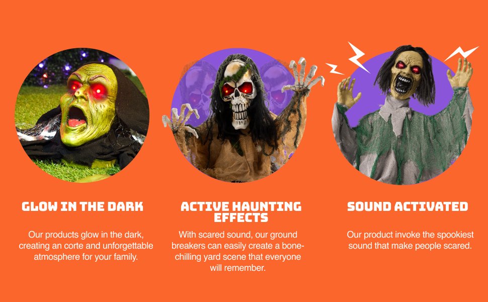 Three Halloween groundbreaker decorations: a green zombie head, a skeleton, and a screaming figure, each with glowing red eyes.