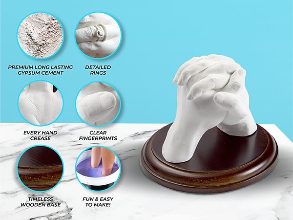 Hand casting sculpture of clasped hands on a wooden base, with inset images showing materials and details.