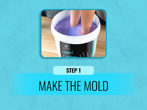 Hand casting kit bucket with feet submerged in purple molding material, Step 1 Make the Mold text overlay.