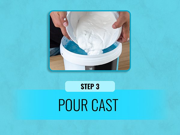 Hands pouring white casting material from a bucket into another container, with text overlay 'STEP 3 POUR CAST'.