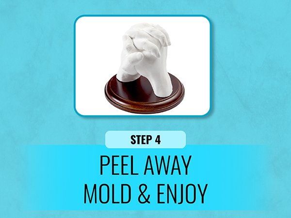 Hand casting sculpture on a wooden base, with instructional text overlay.