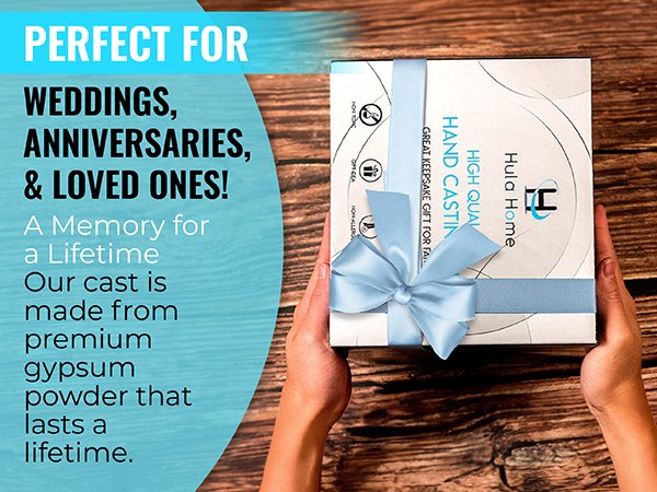 Hands holding a gift-wrapped box for a hand casting kit, with text overlays about its uses and material.