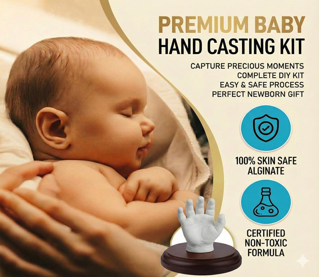 Baby held by hands with a finished hand casting sculpture on a wooden base, marketing text overlays.