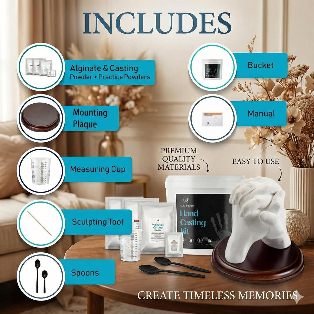 Hand casting kit contents laid out on a table, including alginate powder, mounting plaque, measuring cup, sculpting tool, spoons, and a finished hand cast on a wooden base.