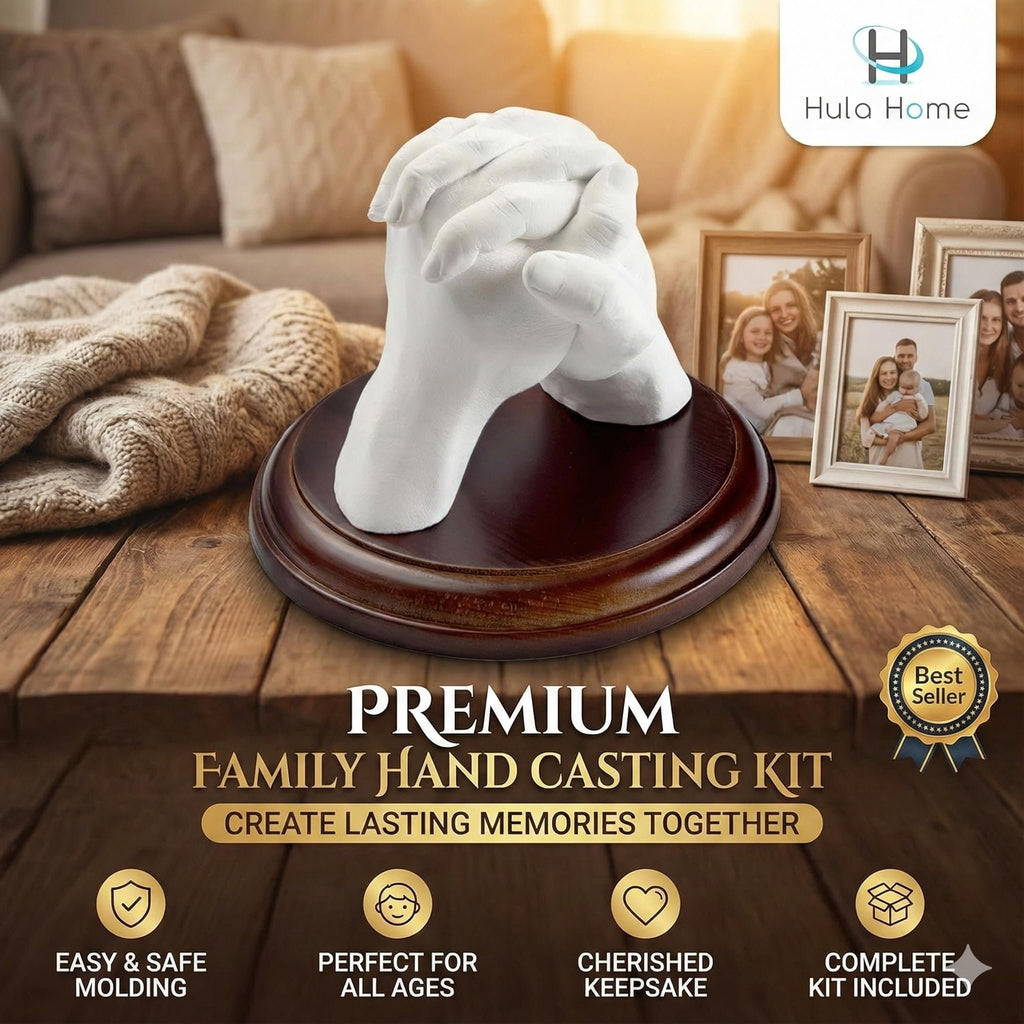 Family hand casting sculpture on a wooden base, with framed family photos in the background.