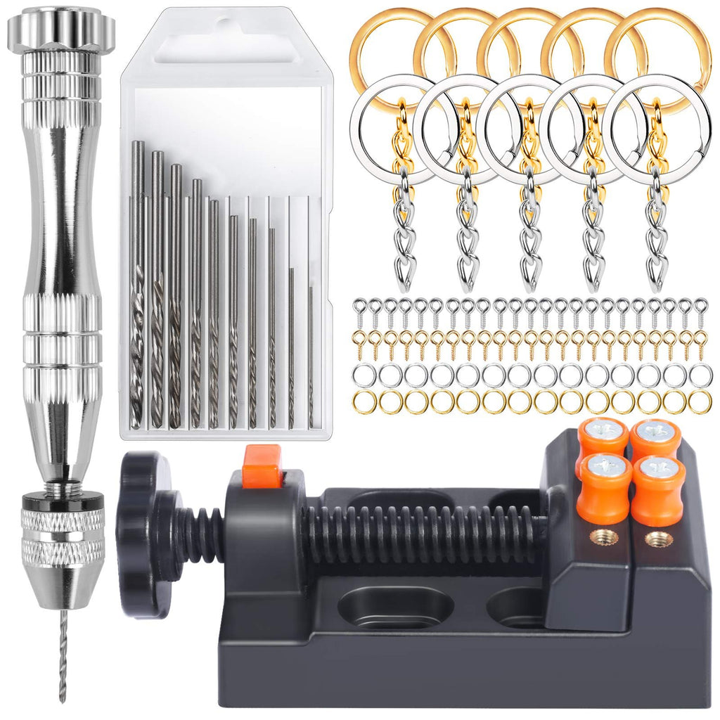 Hand drill set with pin vise, drill bits, press vise, keychain rings, eye screws, and screws for crafts
