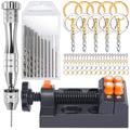 Hand drill set with pin vise, drill bits, press vise, keychain rings, eye screws, and screws for crafts