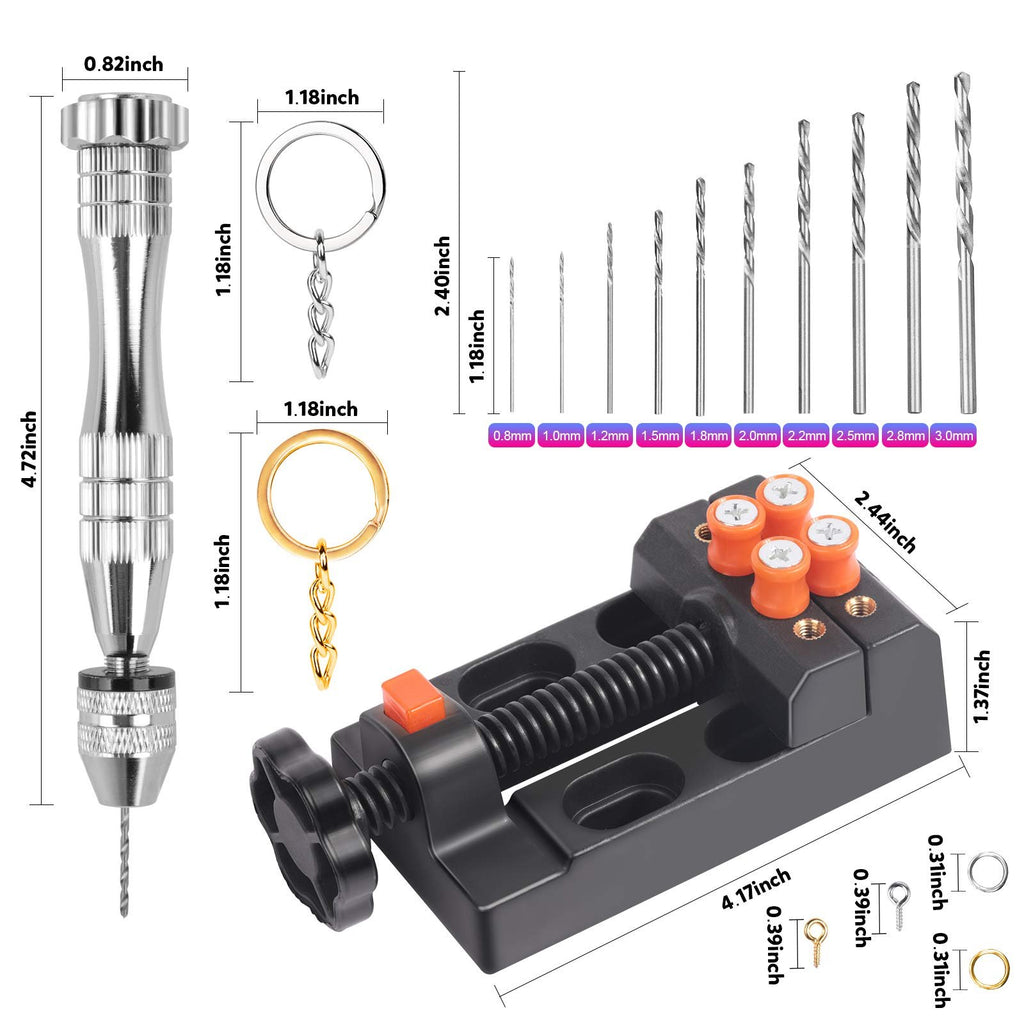 Hand drill set with pin vise, 10 drill bits, press vise, and keychain hardware, with dimensions labeled.