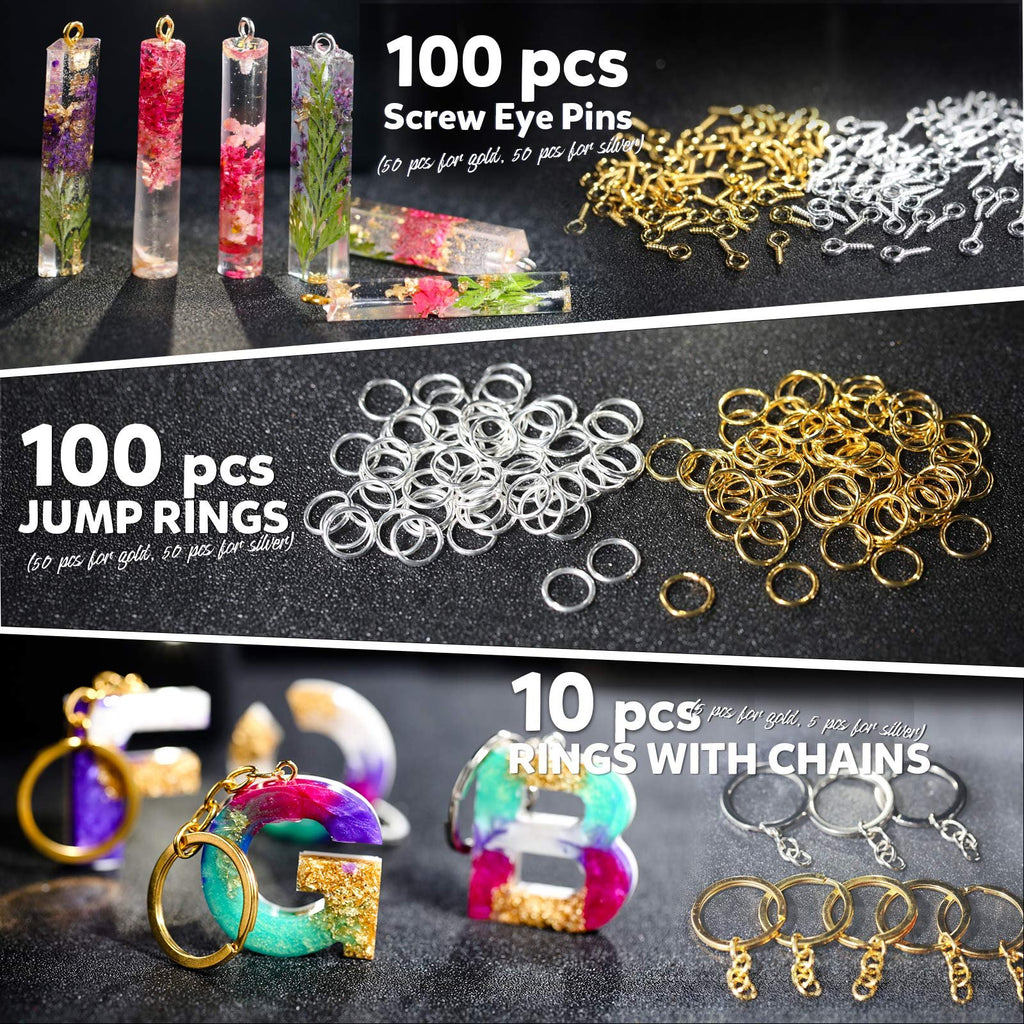 Collage of resin craft supplies including pendants, jump rings, screw eye pins, and keychains.