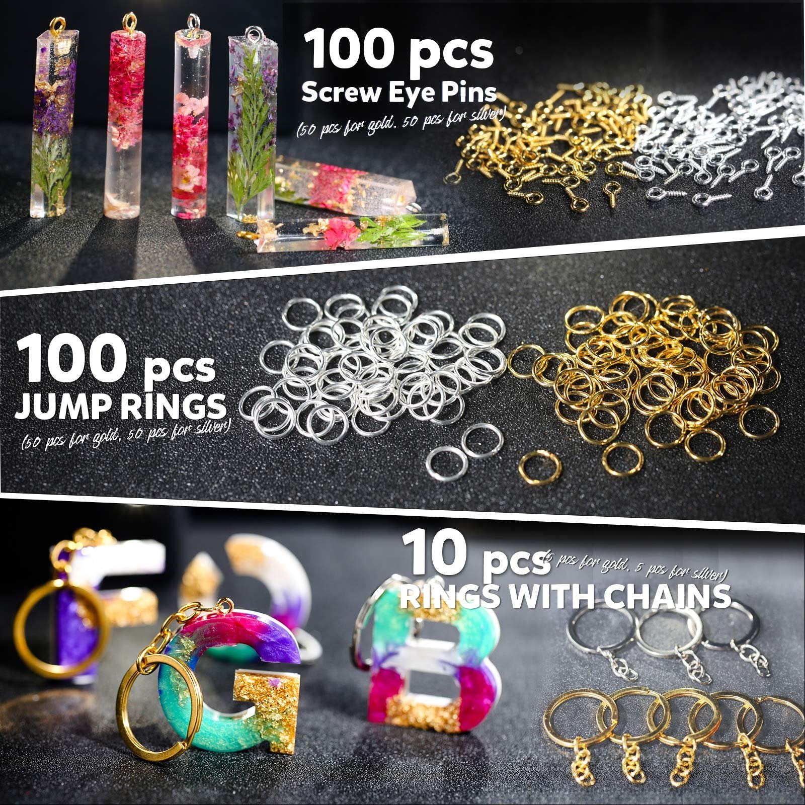 Collage of resin craft supplies including pendants, jump rings, screw eye pins, and keychains.