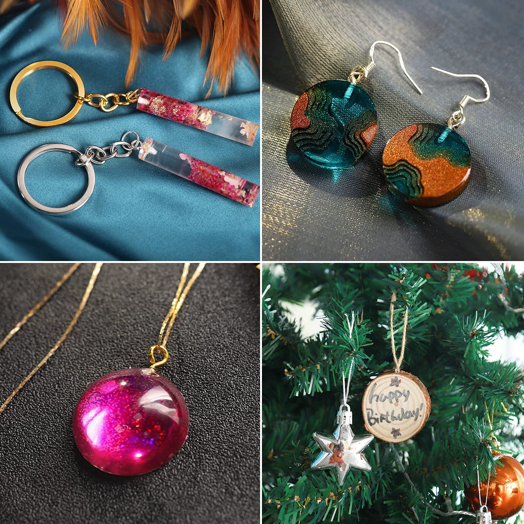 Collage of DIY resin crafts: keychains with dried flowers, round earrings, pink glitter pendant necklace, and wooden 'happy birthday' ornament on a Christmas tree.