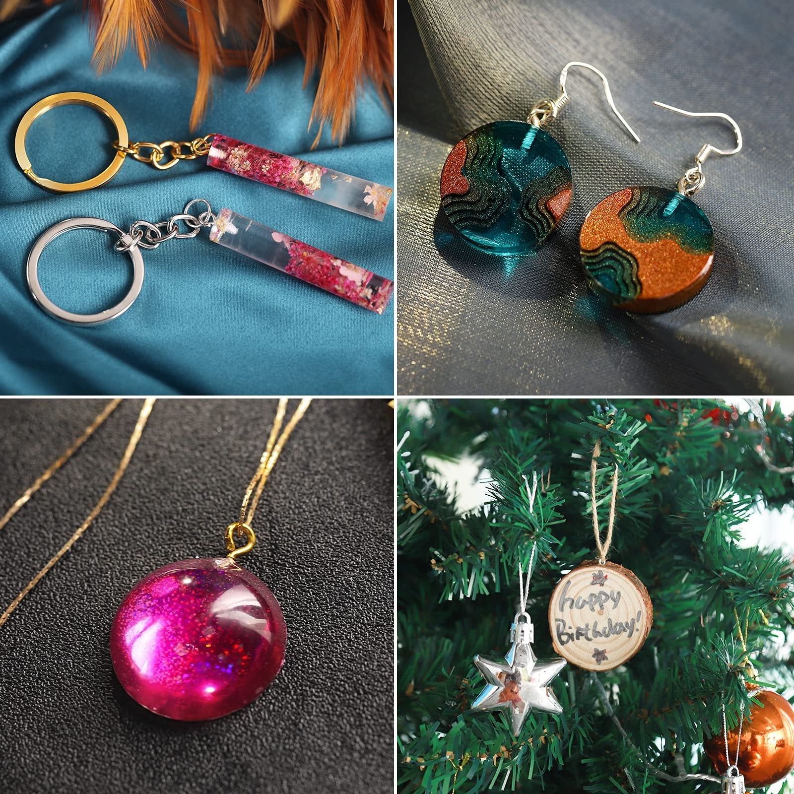 Collage of DIY resin crafts: keychains with dried flowers, round earrings, pink glitter pendant necklace, and wooden 'happy birthday' ornament on a Christmas tree.