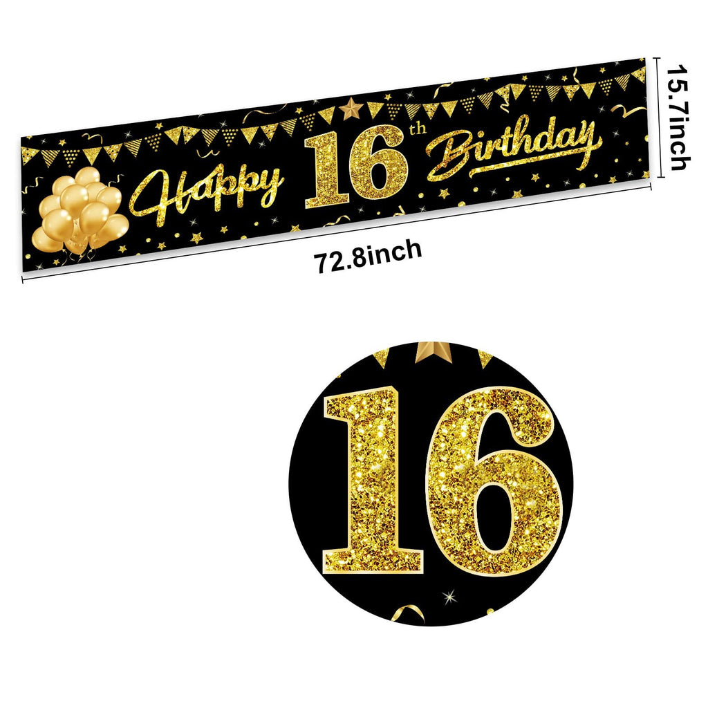 Black and gold 'Happy 16th Birthday' banner with balloons and confetti, showing dimensions.
