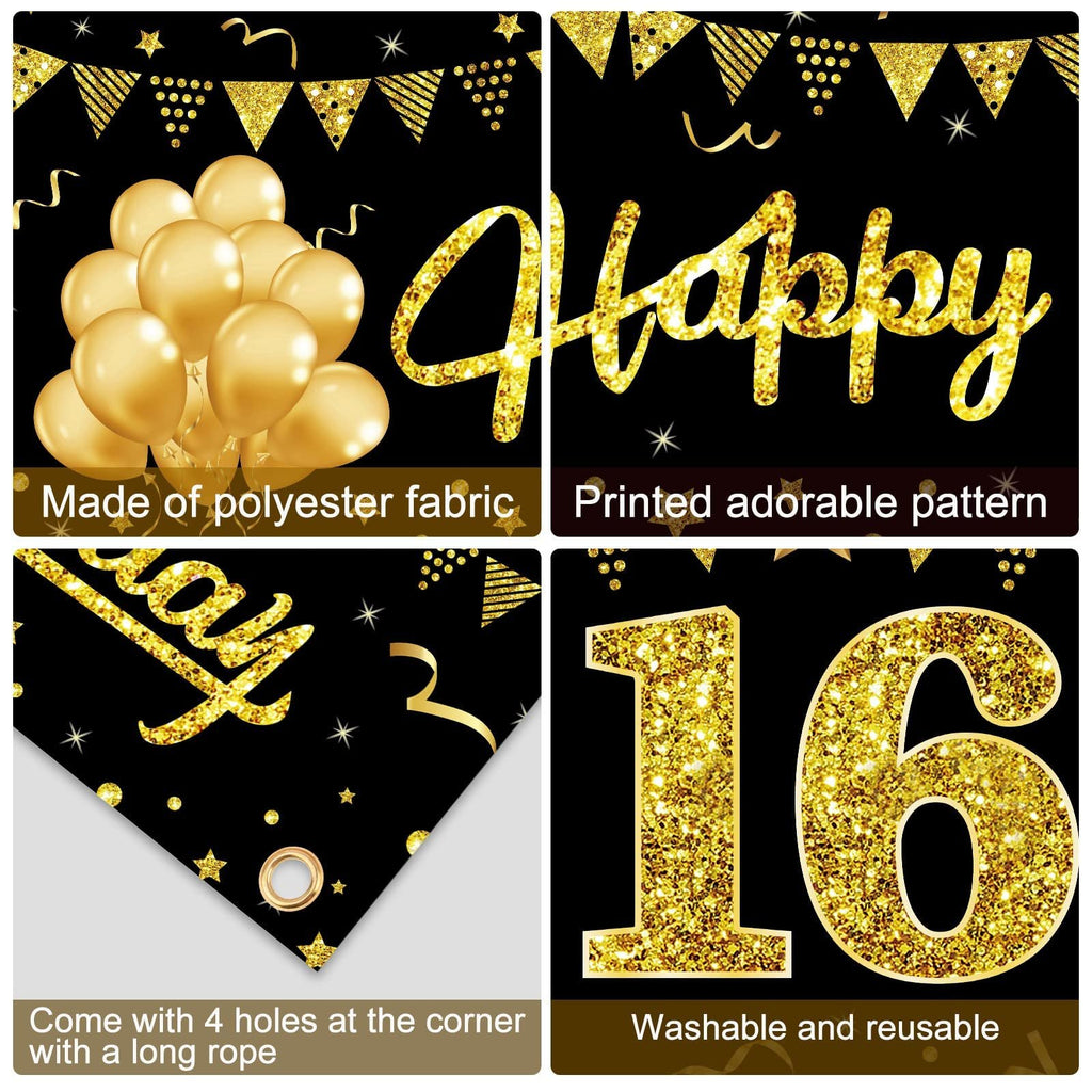 Black and gold "Happy 16th Birthday" banner with balloons and glitter accents, showing fabric details and grommets.