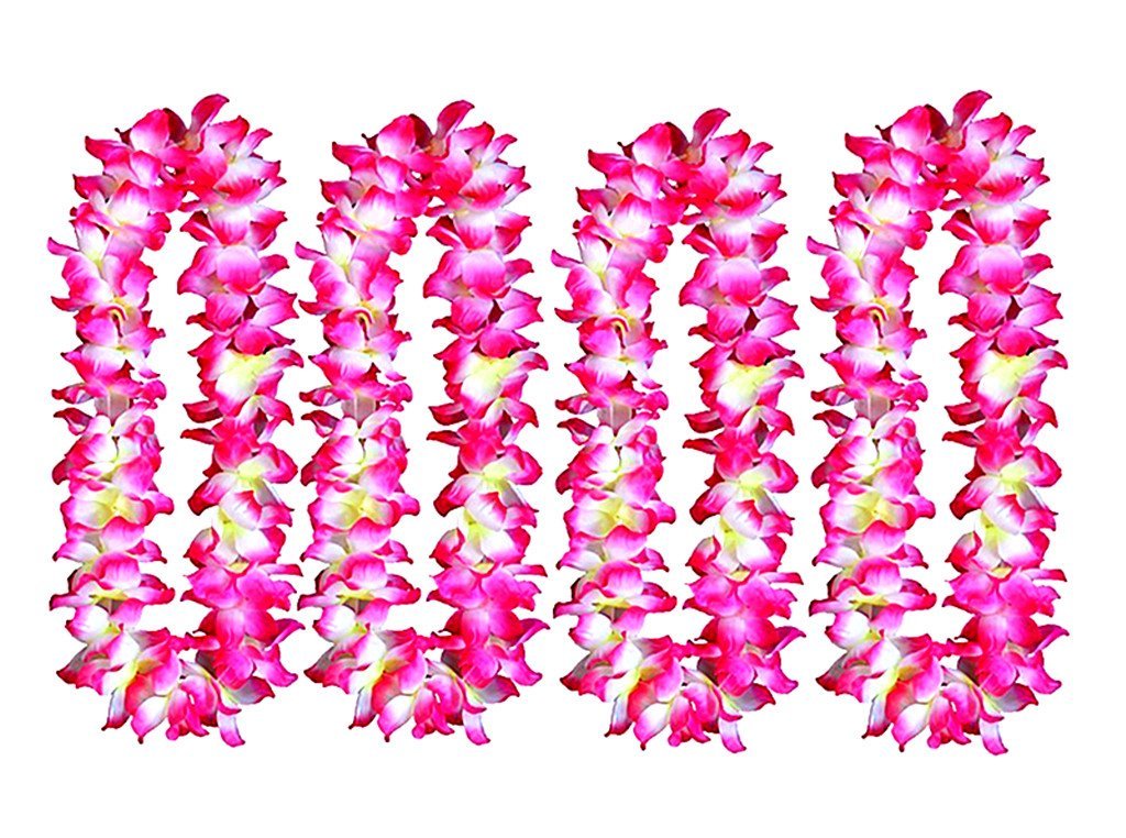 Four pink and white artificial flower leis arranged vertically on a white background.