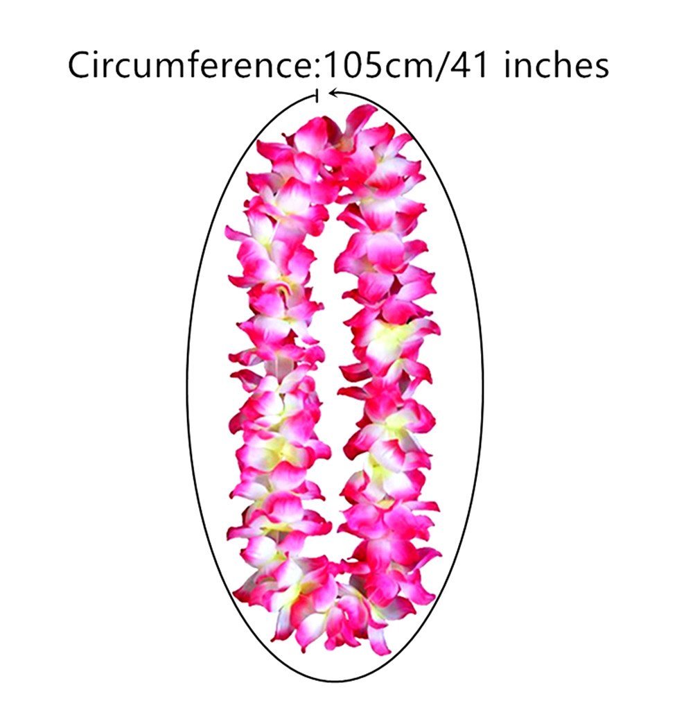 Pink and white artificial flower lei garland with circumference measurement overlay