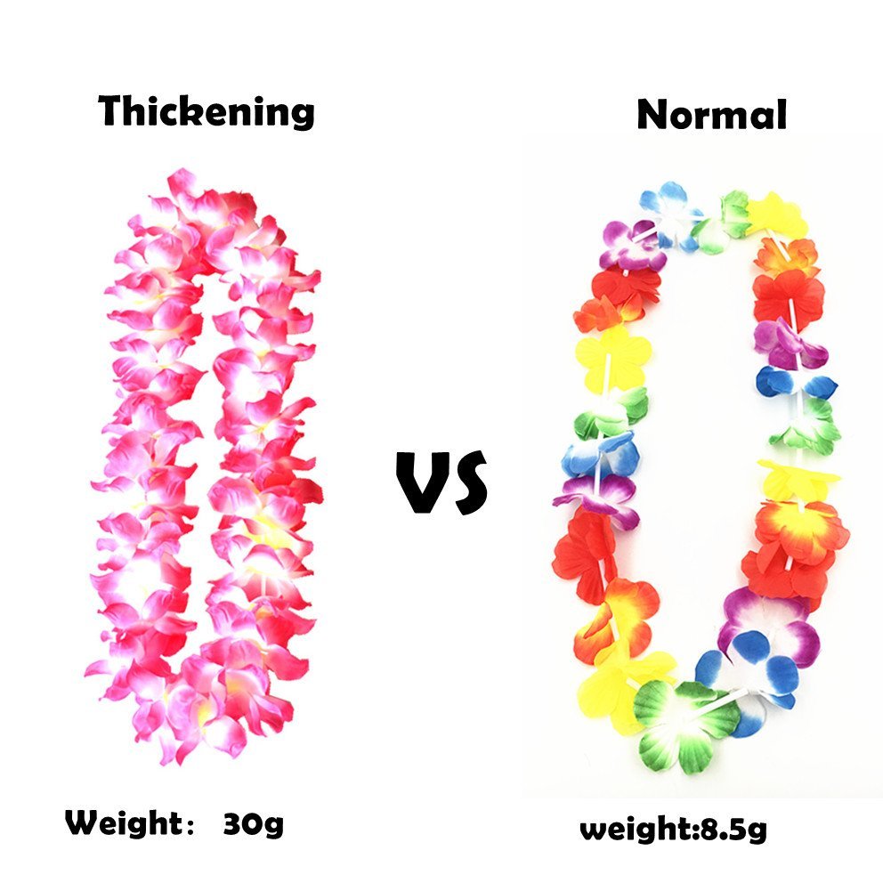 Comparison of two artificial flower leis, one labeled 'Thickening' and the other 'Normal', with weight details.