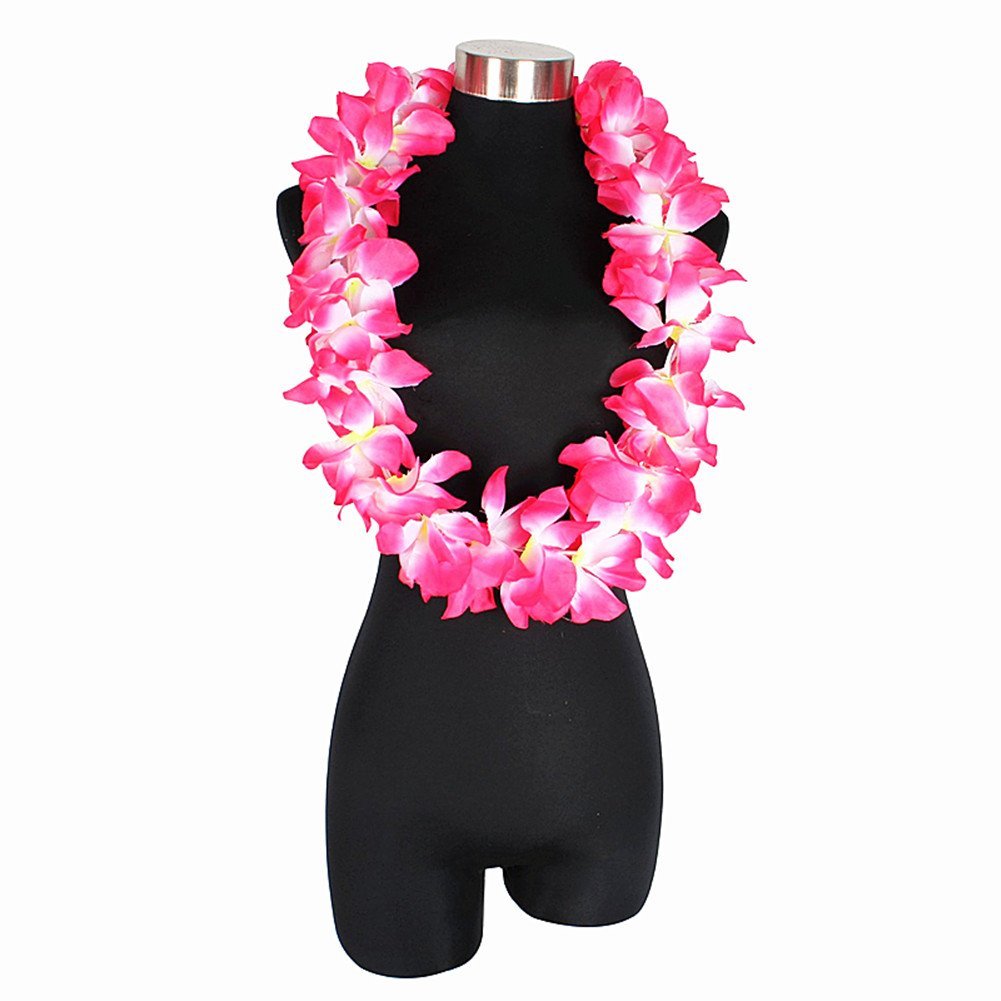 Pink artificial flower lei garland displayed on a black mannequin bust against a white background.