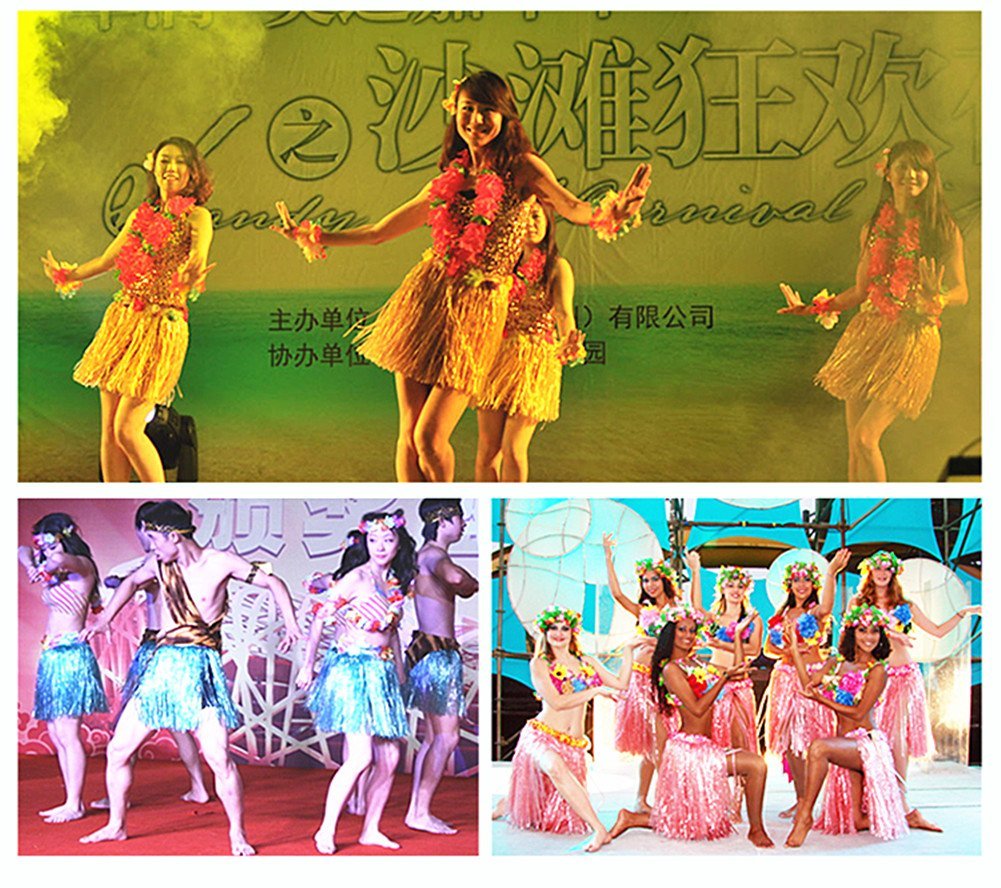 Group of women performing a Hawaiian hula dance in colorful grass skirts and flower leis on stage.