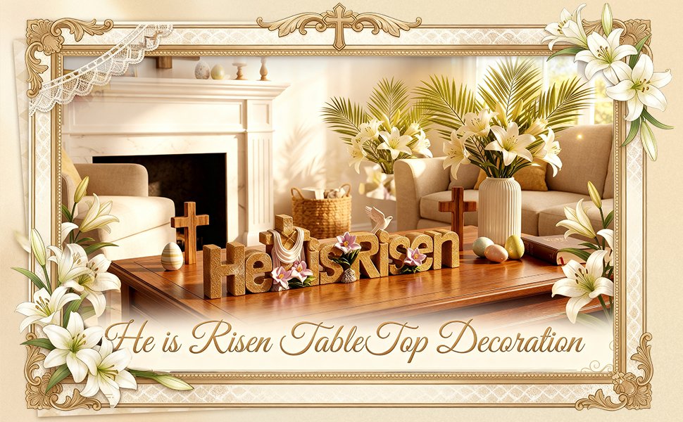 Easter tabletop decoration with 'He is Risen' text, crosses, dove, lilies, and eggs in a living room setting.
