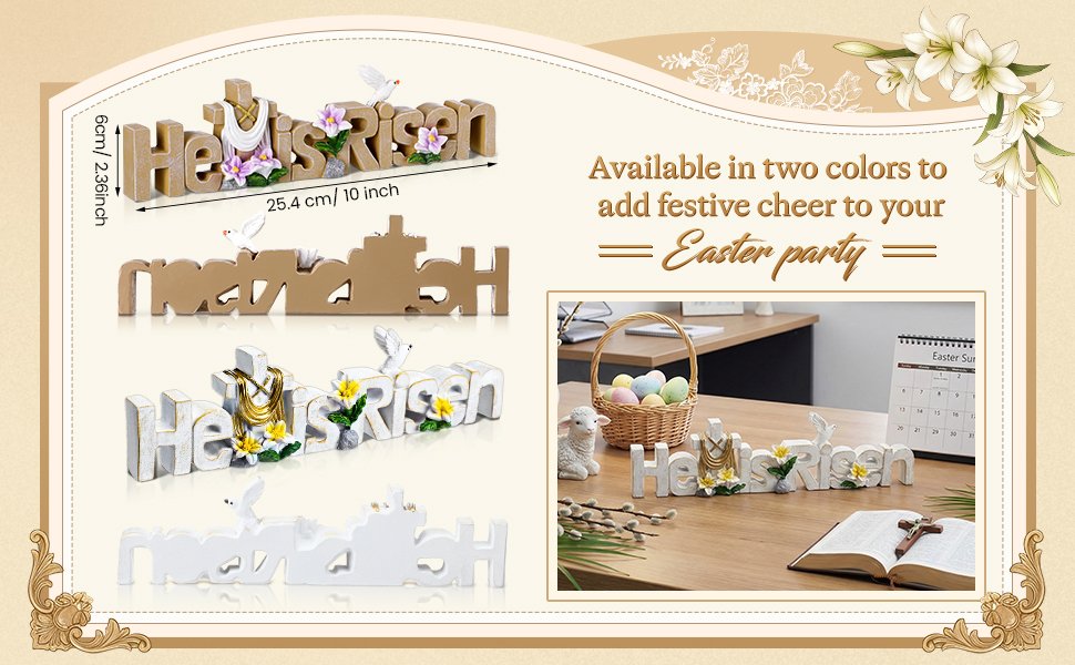 Easter tabletop sign with "He is Risen" text, cross, dove, and flowers, shown in gold and white finishes.