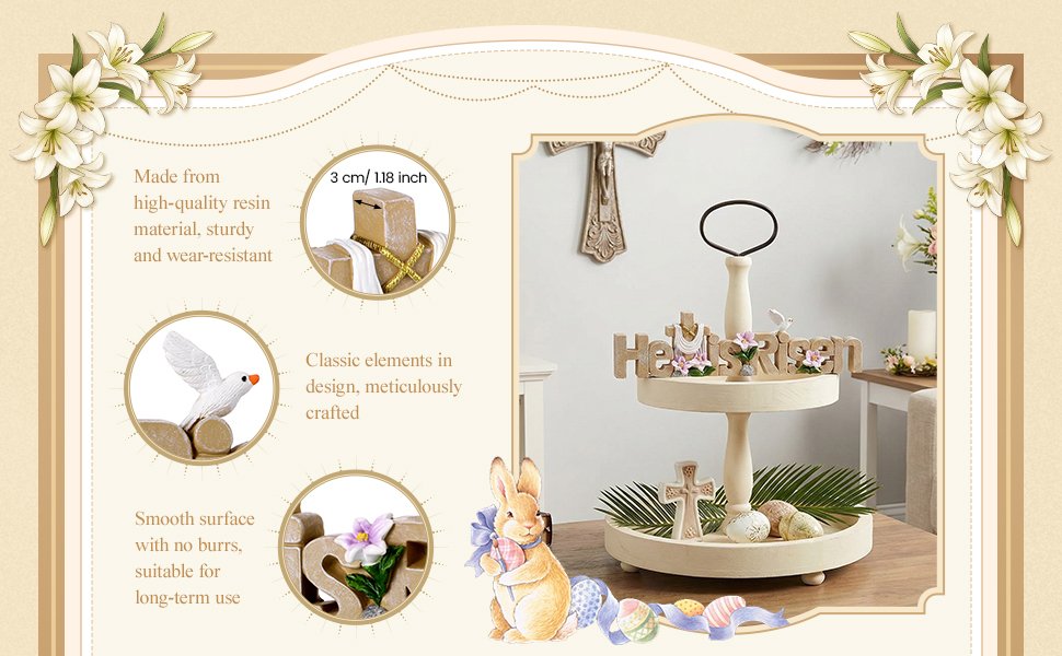 Easter tiered tray decor with 'He is Risen' sign, cross, dove, bunny, and eggs. Close-ups show material details and dimensions.