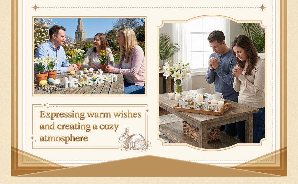Easter tabletop sign with 'He is Risen' text and decorative elements, shown in lifestyle settings.
