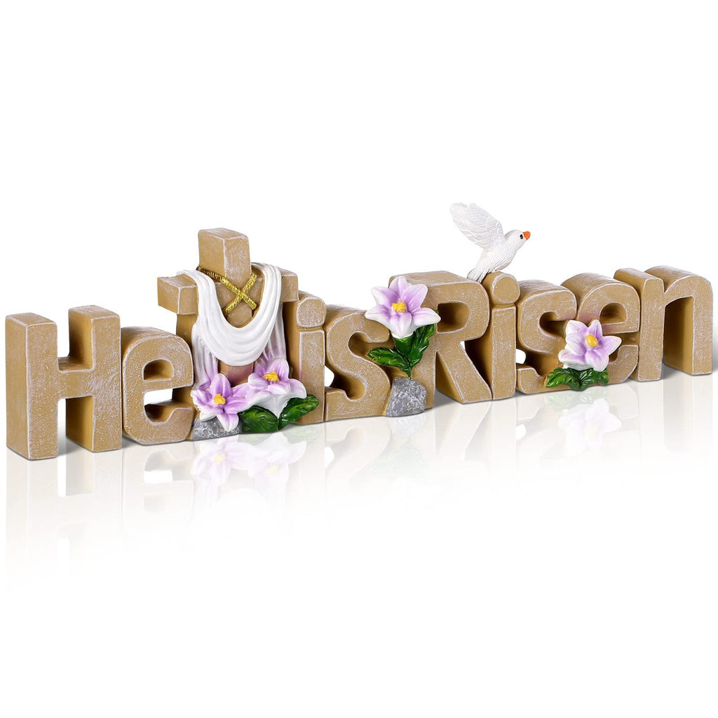 He is Risen Easter tabletop sign with cross, dove, flowers, and rocks. Gold letters on white background.