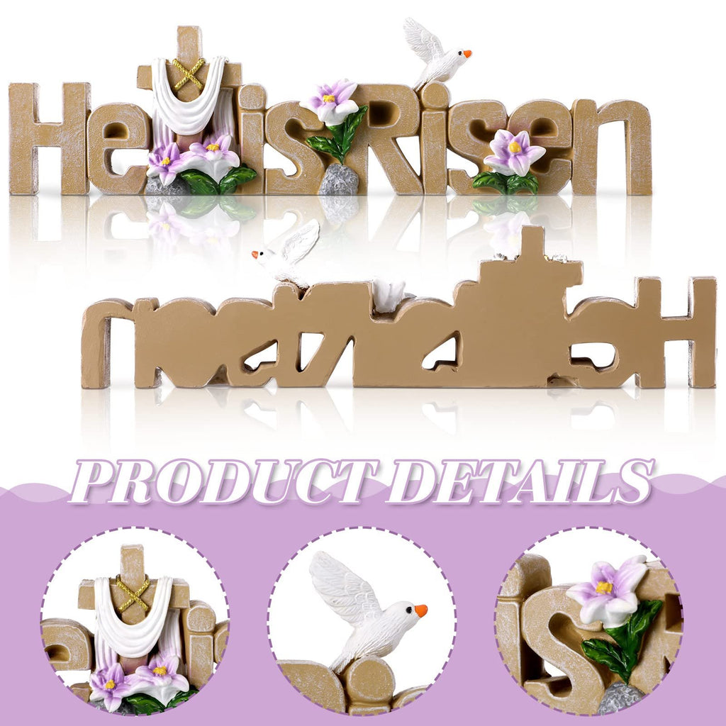 Easter tabletop sign with the words 'He is Risen' decorated with a cross, dove, and flowers. The sign is shown from the front and back, with close-ups of the details.