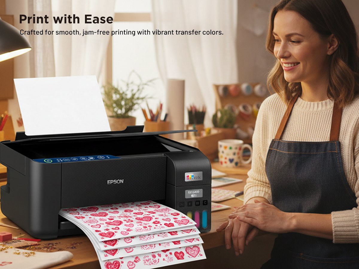 Woman smiling while looking at a printer printing sheets of heart-patterned paper.