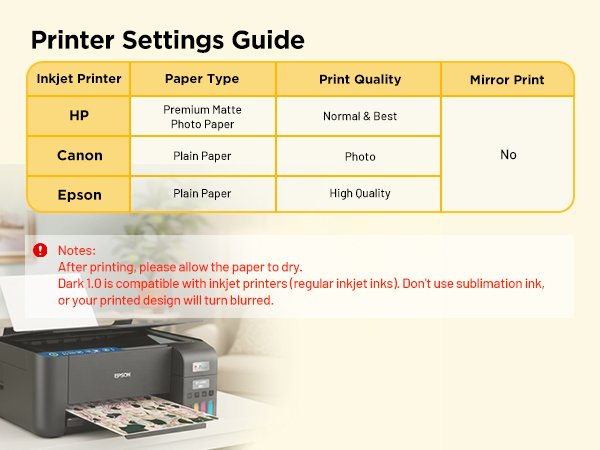 Printer settings guide table with recommendations for HP, Canon, and Epson inkjet printers, alongside notes on drying and ink compatibility.