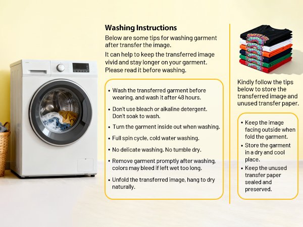 Washing and storage instructions for heat transfer paper with a washing machine and stack of t-shirts.
