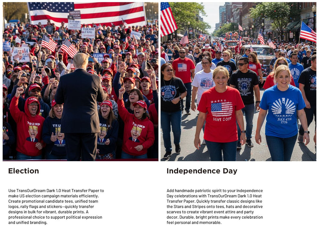 Crowd at a political rally with American flags and a speaker, and a parade with people in patriotic t-shirts.