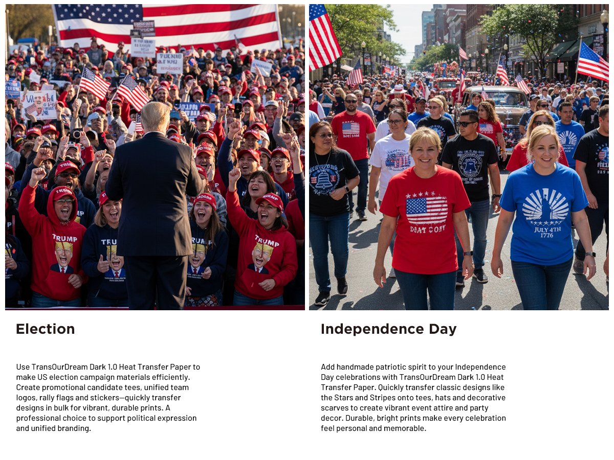 Crowd at a political rally with American flags and a speaker, and a parade with people in patriotic t-shirts.