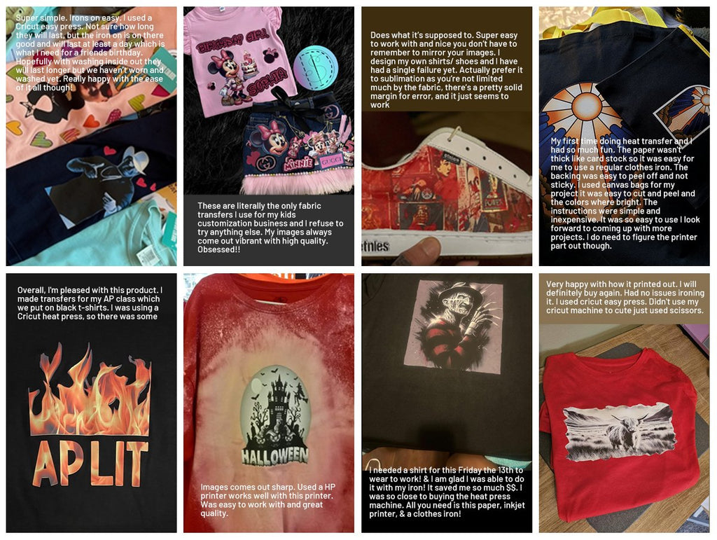 Collage of heat transfer paper projects including t-shirts, a skirt, and shoes with various designs.