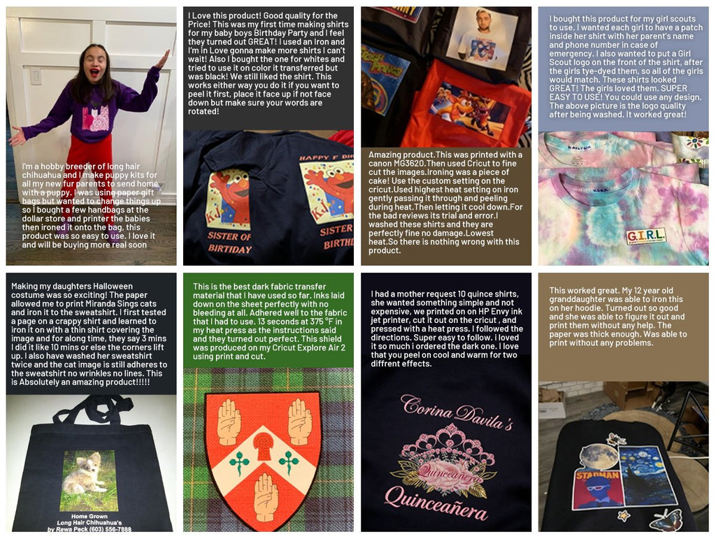 Collage of various custom-printed t-shirts, tote bag, and fabric patches created using heat transfer paper.