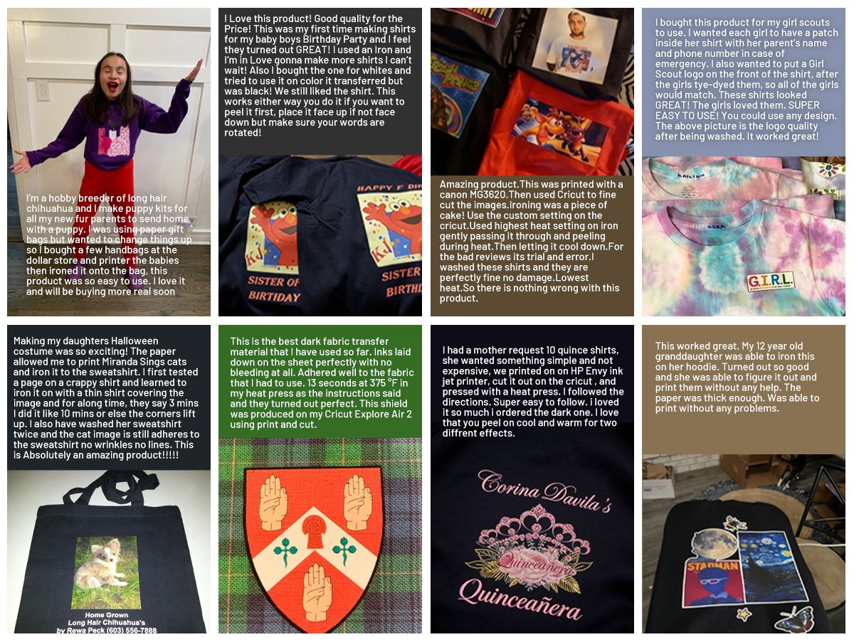 Collage of various custom-printed t-shirts, tote bag, and fabric patches created using heat transfer paper.
